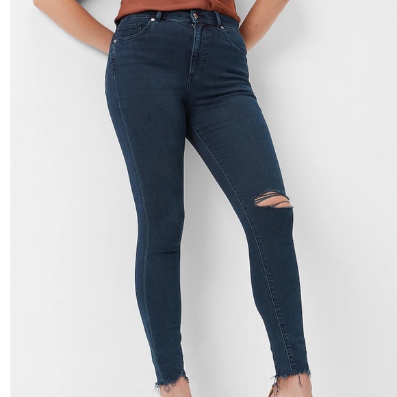 Express High Waisted Dark Wash Ripped Raw Hem Supersoft Skinny Jeans, Sz 6 Short - Picture 1 of 10
